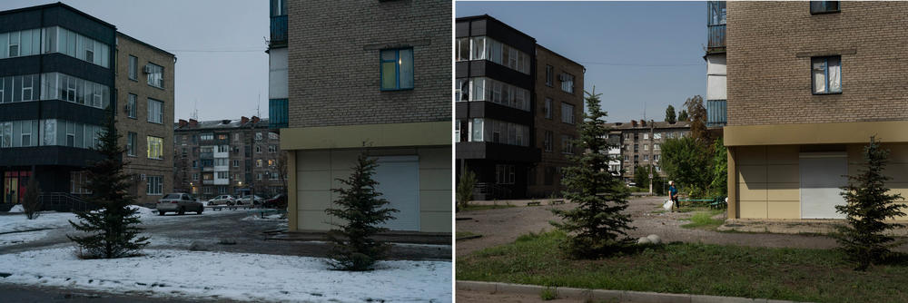 Left: In January, the lights of residential buildings come on in the evening. Right: In August, a woman looks up at the damage from the morning's strike on the residential building.