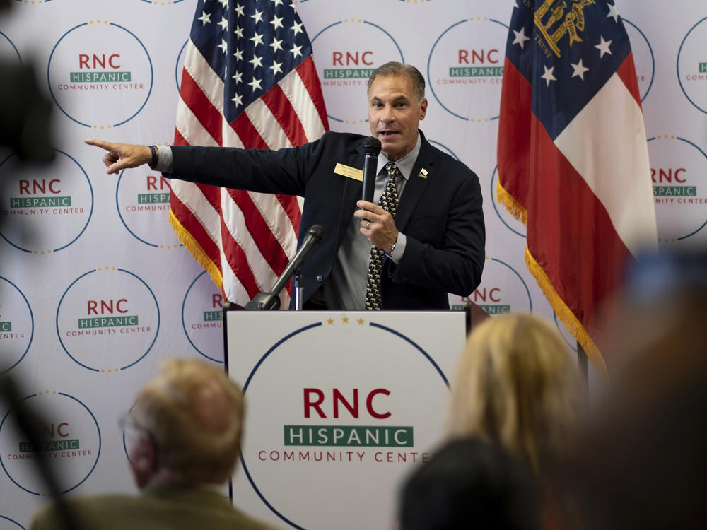 Rey Martinez, a candidate for Georgia's House of Representatives, kicks off the opening of the Republican National Committee's new Hispanic Community Center in Suwanee, Ga., on June 29.