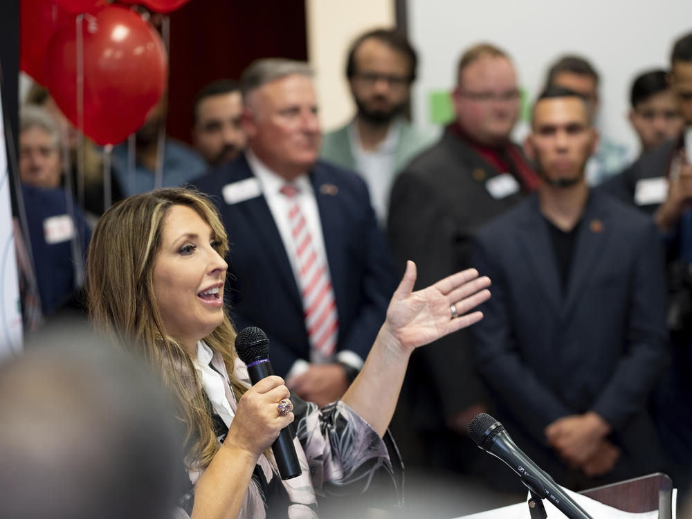 Republican National Committee Chair Ronna McDaniel gives remarks to a packed room at the opening of the RNC's new Hispanic Community Center in Suwanee, Ga., on June 29.