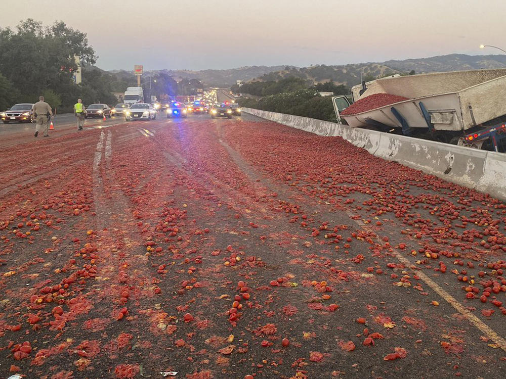 A truck hauling a load of tomatoes crashed Monday after a collision near Vacaville, Calif., and its load spilled across several lanes of Highway 80 in Northern California. Crews had cleaned the eastbound lanes but one westbound lane remained closed six hours after the crash, the CHP said.