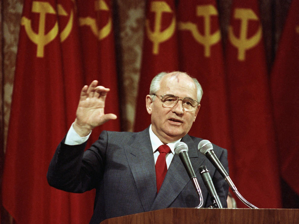 Soviet President Mikhail Gorbachev addresses a group of 150 business executives in San Francisco, June 5, 1990. Russian news agencies reported that former Soviet President Mikhail Gorbachev has died at 91, citing a statement from the Central Clinical Hospital.