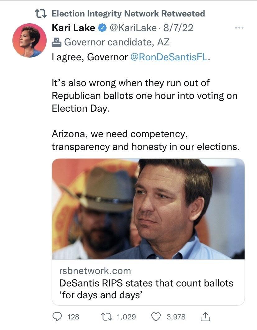 The Election Integrity Network, a project of the nonprofit Conservative Partnership Institute, amplified a tweet from the campaign account for Kari Lake, the Republican nominee for Arizona governor. 