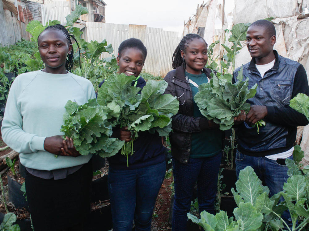 Urban farmer Victor Edalia (right) with three beneficiaries of his free veggies in 2020 (left to right): Sheila Musimbi, a single mom; Celine Oinga, who comes from a family of 9 siblings; and Jackline Oyamo, jobless due to the pandemic. He's expanded his garden — and giveaways — since then.