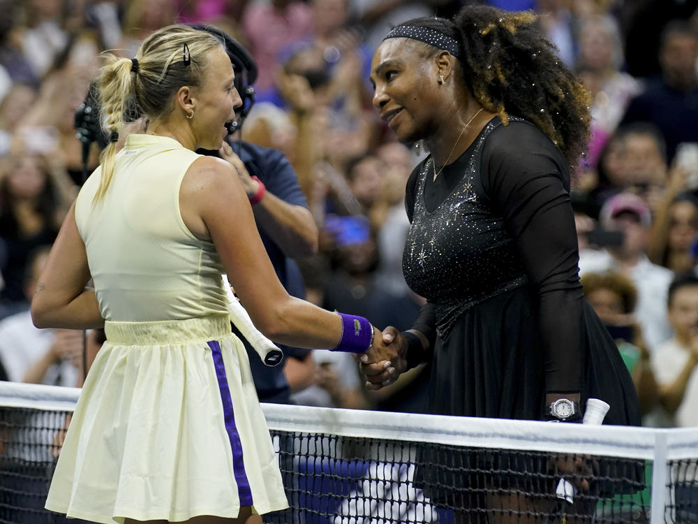 Serena Williams, of the United States, right, greets Anett Kontaveit, of Estonia, after defeating Kontaveit during the second round of the U.S. Open tennis championship.