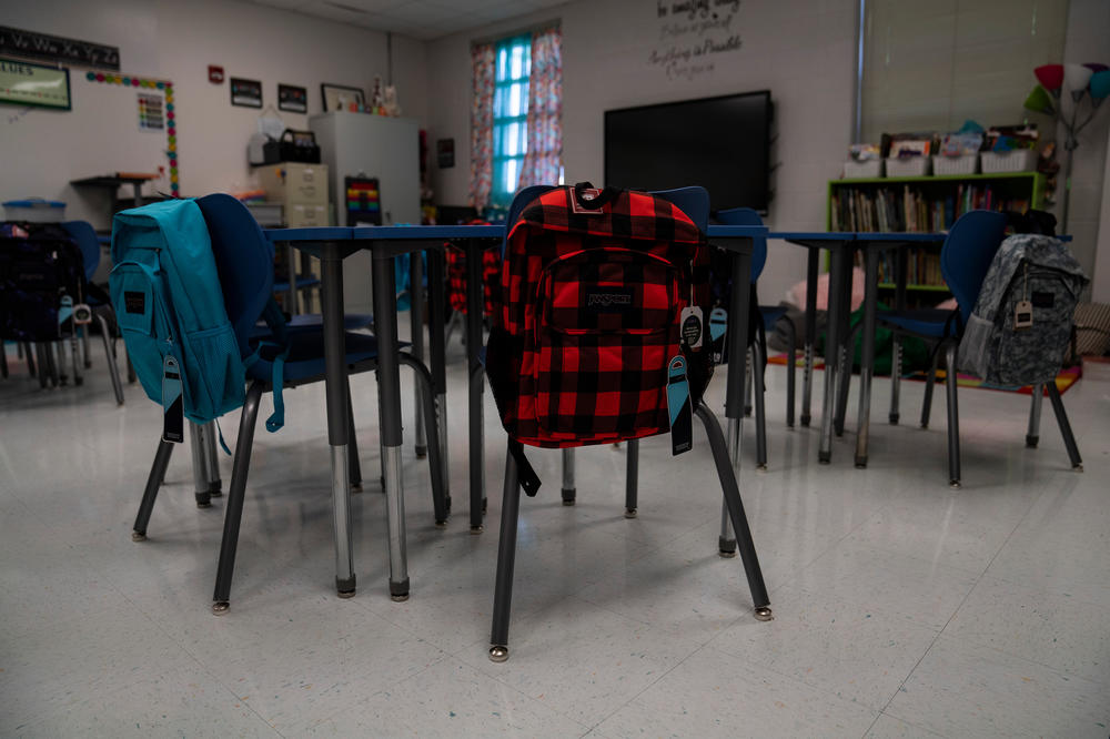 New backpacks with school supplies for the students are seen in Ogburn's classroom.