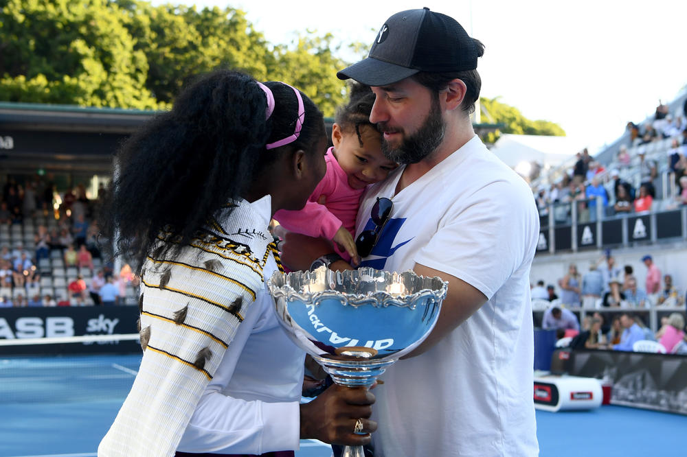 <strong>January 12, 2020:</strong> Alexis Olympia, daughter of Serena Williams, and husband Alexis Ohanian congratulate Serena Williams after she won her final match against Jessica Pegula at ASB Tennis Centre in Auckland, New Zealand.