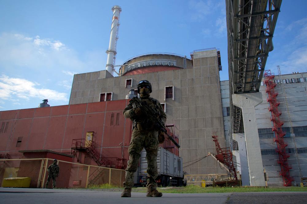 A Russian serviceman stands guard outside the second reactor of the Zaporizhzhia Nuclear Power Station in Enerhodar, Ukraine, on May 1. It is the largest nuclear power plant in Europe and among the 10 largest in the world. This picture was photographed during a media trip organized by the Russian army.