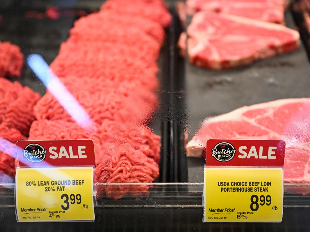 Ground beef and steaks for sale are displayed at a grocery store in Redondo Beach, Calif., on July 13.