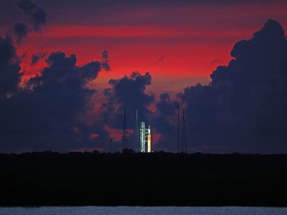 The Artemis 1 moon rocket at Launch Pad 39 at the Kennedy Space Center.