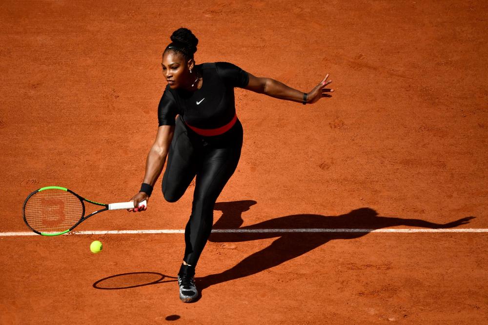 <strong>May 29, 2018:</strong> Serena Williams plays a forehand return to Kristýna Plíšková during their women's singles first round match on day three of the 2018 French Open tennis tournament in Paris, France.