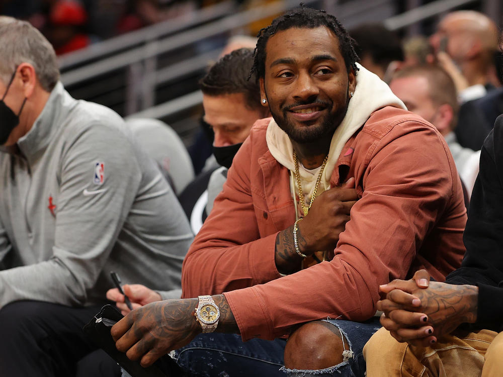 John Wall is shown on Dec. 13, 2021 in Atlanta, Georgia prior to tip-off at an NBA game.