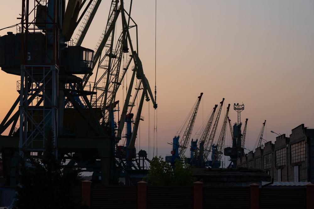 One of three ports on the Danube River on the border between Ukraine and Romania in May. These three ports are the only Ukrainian-run ports still operating in the country. The Russian invasion mainly halted exports shipped from Ukraine, until a U.N.-brokered deal to ship grain and other food items this summer.