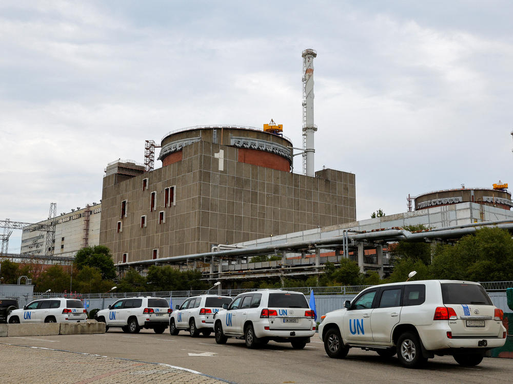 A motorcade transporting the International Atomic Energy Agency expert mission, escorted by the Russian military, arrives at the Zaporizhzhia Nuclear Power Plant amid the conflict in Ukraine, outside the city of Enerhodar, Ukraine, on Thursday.