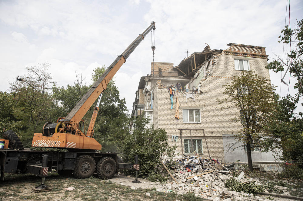 A view of the damage after airstrikes by Russian forces in Nikopol, which is across a river from the Zaporizhzhia nuclear plant in southern Ukraine, on Aug. 11. Many buildings were damaged by the Russian attacks.