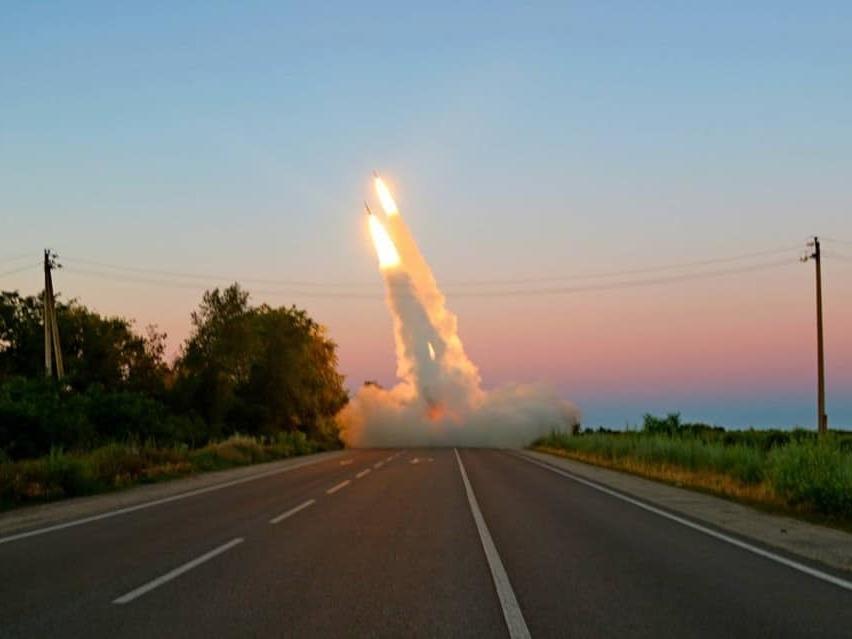 In this Ukraine General Staff handout image, Ukrainian forces purportedly use U.S.-provided High Mobility Artillery Rocket Systems (HIMARS) to attack Russian targets in southern Ukraine's Zaporizhzhia region, on July 4.