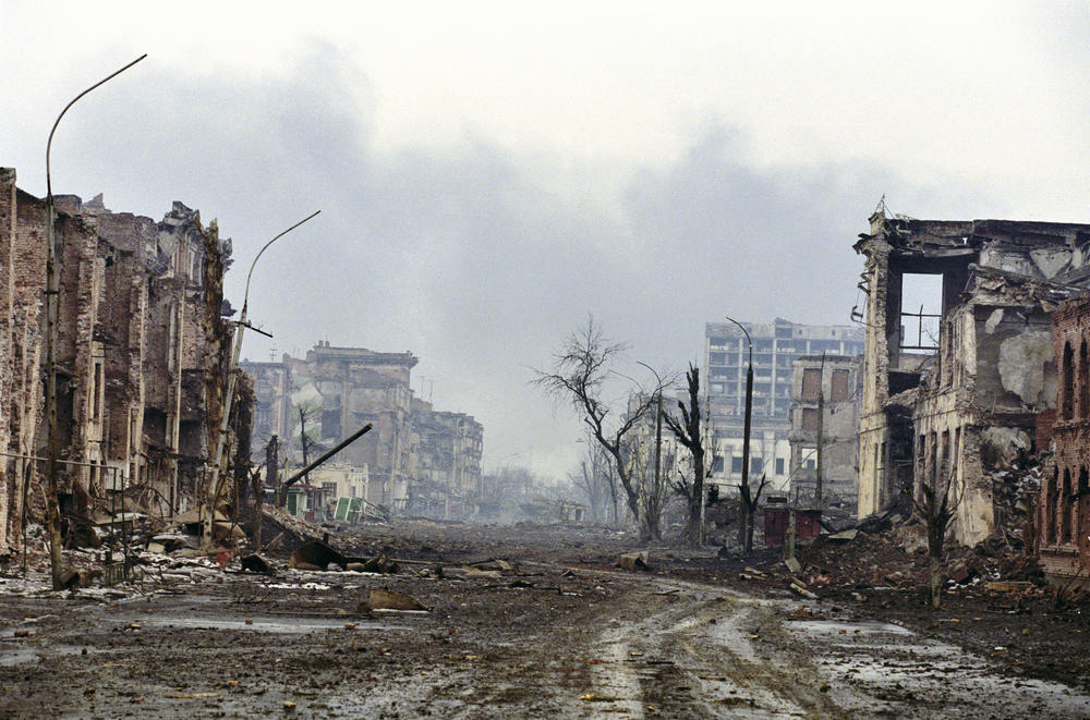 A view of Grozny after more than 22 weeks of shelling and bombardment by Russian artillery and aviation on Feb. 4, 2000. Russia's bombing took such a heavy toll on the buildings in the Chechen capital that Russian troops struggled to find an intact office for their commandant.