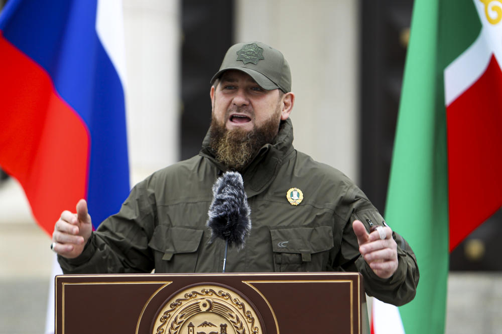 Chechnya's regional leader Ramzan Kadyrov addresses servicemen attending a review of the Chechen Republic's troops and military hardware in Grozny, the capital of the Chechen Republic, Russia, on Feb. 25. Kadyrov said that the servicemen of the Chechen Republic are ready to carry out any order of the president of the country.