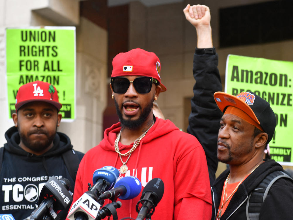 Organizer Chris Smalls speaks after his Amazon Labor Union won a vote to form the company's first unionized U.S. warehouse in Staten Island, N.Y., in April.