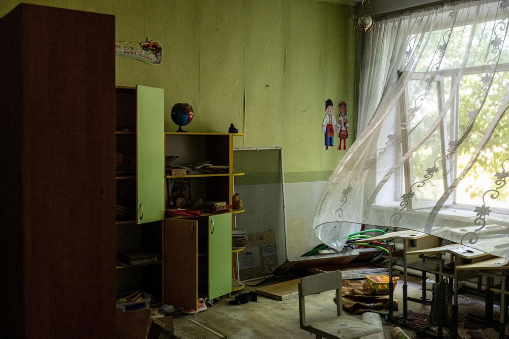 A classroom in a damaged school in a southern Ukrainian village in the Mykolaiv region, amid Russia's military invasion of Ukraine, on Wednesday.