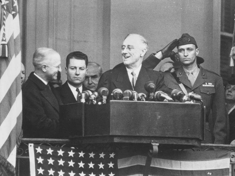 President Franklin Delano Roosevelt speaks on a platform during his fourth presidential inauguration in 1944.