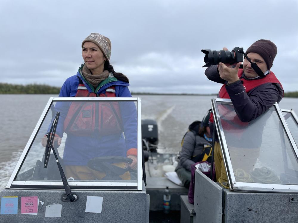A camera crew documents Mary Peltola fishing for a campaign ad.