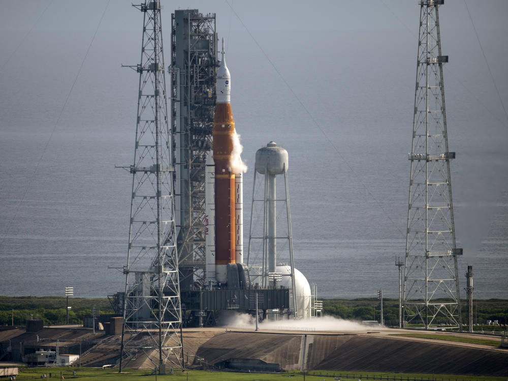 NASA's Space Launch System rocket with the Orion spacecraft aboard is seen atop the mobile launcher at the Kennedy Space Center in Cape Canaveral, Fla., on Saturday before the planned launch was scrubbed due to fuel leaks.
