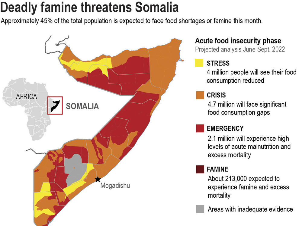 This map illustrates the severity of projected food insecurities across Somalia