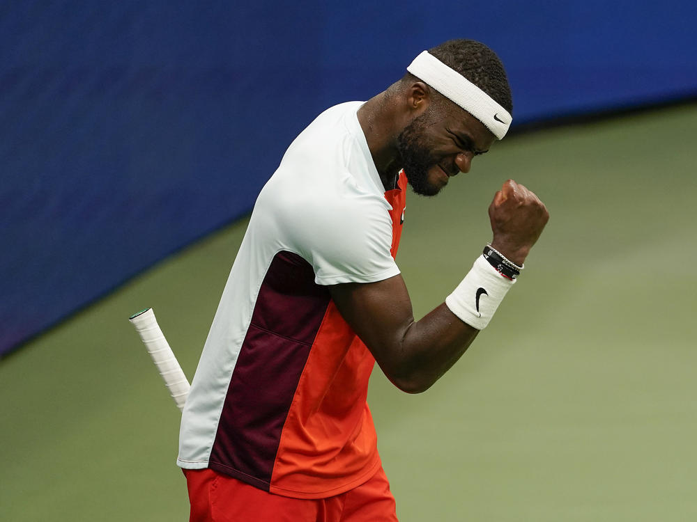 Frances Tiafoe reacts after winning a tie breaker against Andrey Rublev, of Russia, during the quarterfinals of the U.S. Open tennis championships on Wednesday in New York.