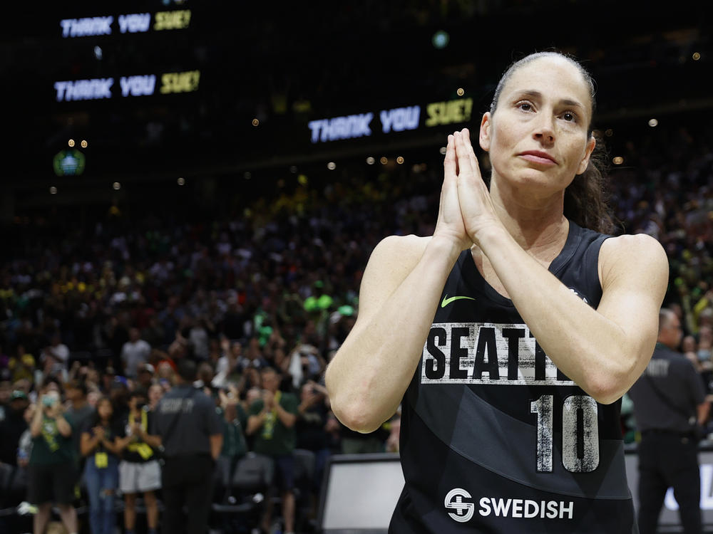 Sue Bird reacts after Tuesday's game, the last of her career, at the 2022 WNBA Playoffs semifinals in Seattle, Wash.
