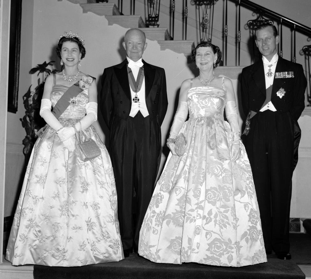 President Dwight Eisenhower and first lady Mamie Eisenhower are joined by their royal guests, Queen Elizabeth and her husband, Prince Philip, at the White House on Oct. 17, 1957.