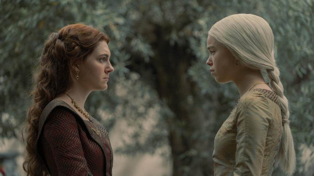 Now ask yourself: Can you ever forgive her? Alicent (Emily Carey) confronts Rhaenyra (Milly Alcock).