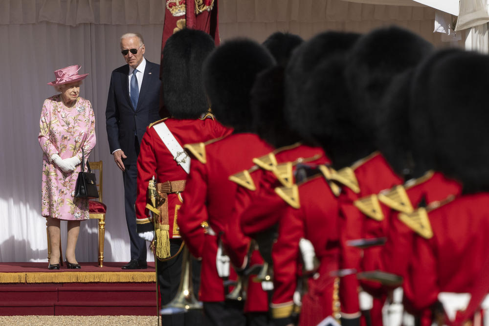 Queen Elizabeth II stands with President Biden during his visit to Windsor Castle on June 13, 2021 in Windsor, England.