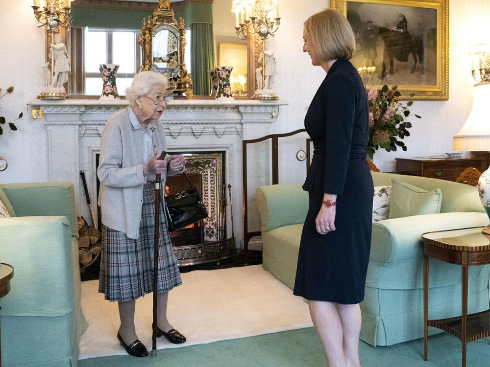 Queen Elizabeth greets leader of the Conservative party Liz Truss at Balmoral Castle on Tuesday. The queen is under medical observation after her doctors became concerned about her health.