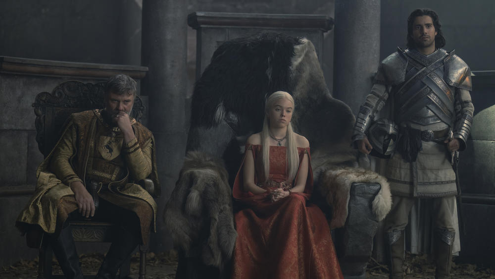How many people does she need? Boremund Baratheon (Julian Jones), Rhaenyra (Milly Alcock) and Criston Cole (Fabien Frankel) hold open auditions for a prince.