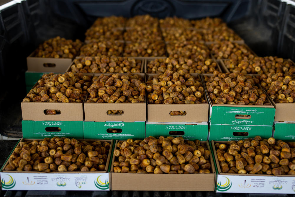 Dried <em>Sukkari</em> dates, the most popular variety in Saudi Arabia, are among the many sold at the Buraydah Date Festival on Aug. 3, 2022. The dates carry notes of caramel and are native to the Buraydah region.