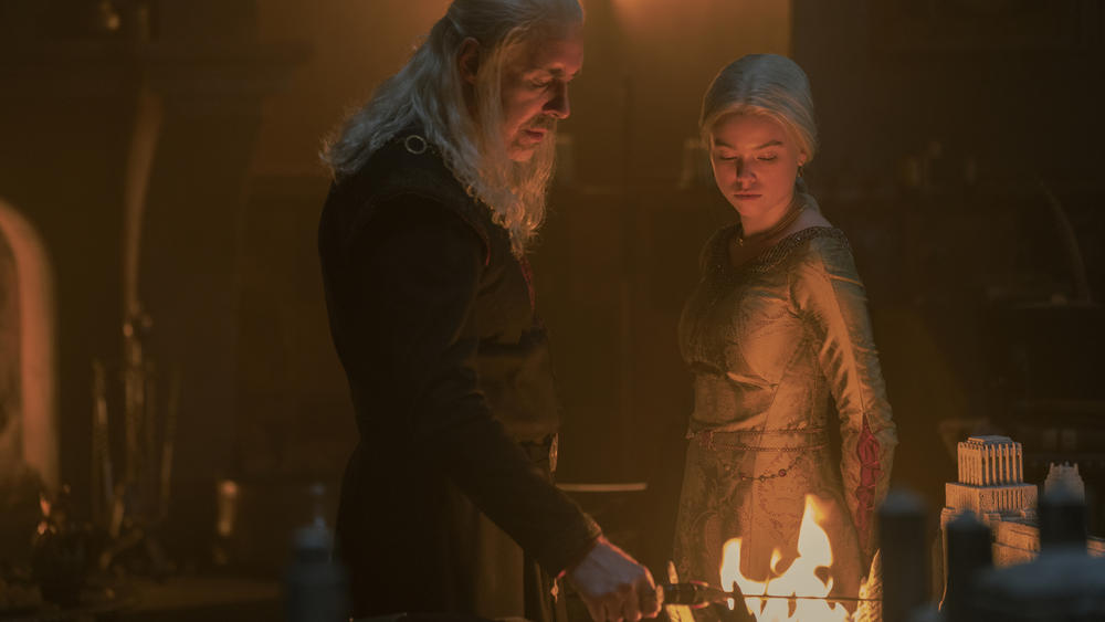 Daggers and daughters: Viserys (Paddy Considine) cuts to the chase with Rhaenyra (Milly Alcock).