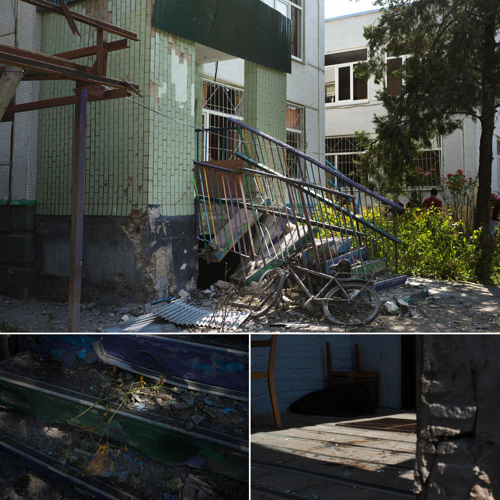 Top: A kindergarten in Kharkiv that was recently hit by shelling. Bottom left: Flowers were placed on the stairs where two teaching assistants were injured. Bottom right: Blood stains remain on the stairs a day after the shelling.