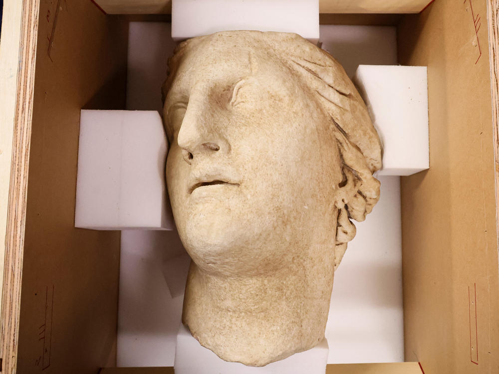 The Marble Head of Athena, from 200 B.C.E. and which was looted from a temple in central Italy, is displayed during a news conference and repatriation ceremony of stolen antiquities to Italy, in New York City.