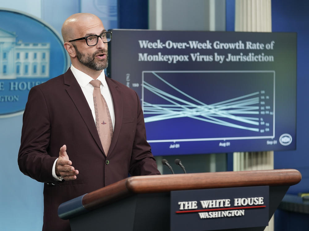 Dr. Demetre Daskalakis, White House Monkeypox response deputy coordinator, speaks during a press briefing at the White House, Wednesday, Sept. 7, 2022, in Washington.