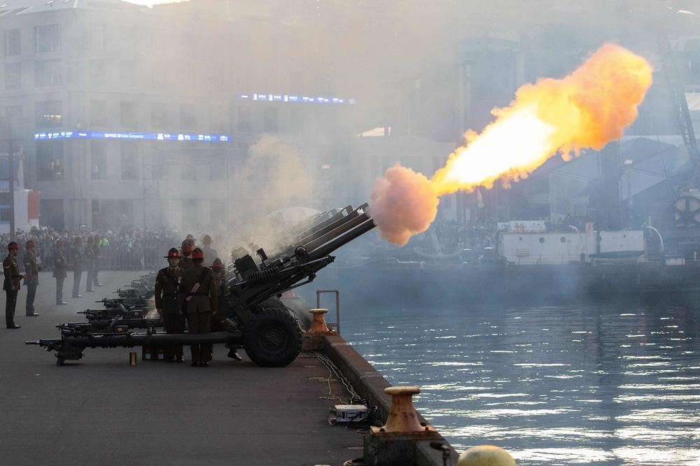 A 96 gun salute by the New Zealand Army on Wellington's waterfront on Friday to mark the passing of Queen Elizabeth II, at the age of 96.