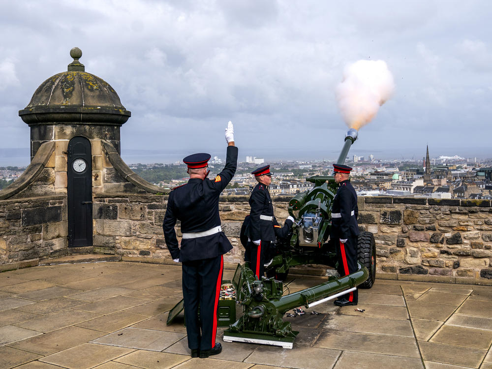 Members of 105 Regiment Royal Artillery, Army Reserves, during the Gun Salute at Edinburgh Castle on Friday to mark the death of Queen Elizabeth II.