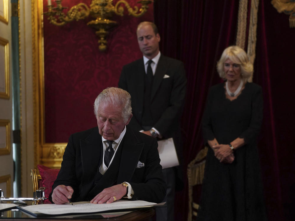 King Charles III signs an oath to uphold the security of the Church in Scotland during the Accession Council at St James's Palace, London, Saturday, Sept. 10, 2022, where King Charles III is formally proclaimed monarch.