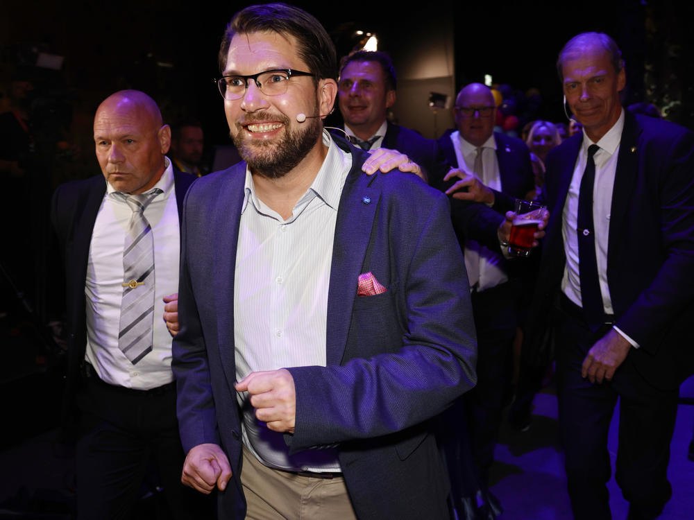 The leader of the Sweden Democrats, Jimmie Åkesson, celebrates at the party's election watch at Elite Hotel Marina Tower Tower in Nacka, near Stockholm, Sweden, early Monday, Sept. 11, 2022.
