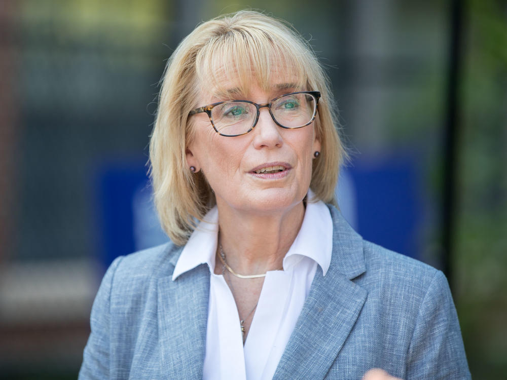 Incumbent Democratic U.S. Sen. Maggie Hassan speaks during a campaign canvas kickoff event on Saturday in Dover, N.H. Hassan is running for reelection and her Republican opponent will be chosen in the upcoming GOP primary.