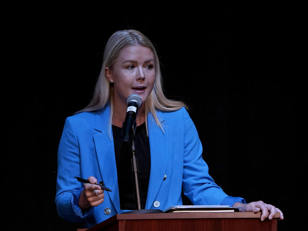 Karoline Leavitt takes part in a debate in Henniker, N.H., just days before the primary.