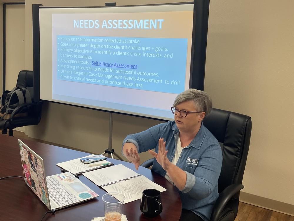 Pam Whitehead, executive director of the anti-abortion ProLove Ministries, leads a workshop for staff at a crisis pregnancy center in Texas, weeks after <em>Roe v. Wade</em> was overturned.
