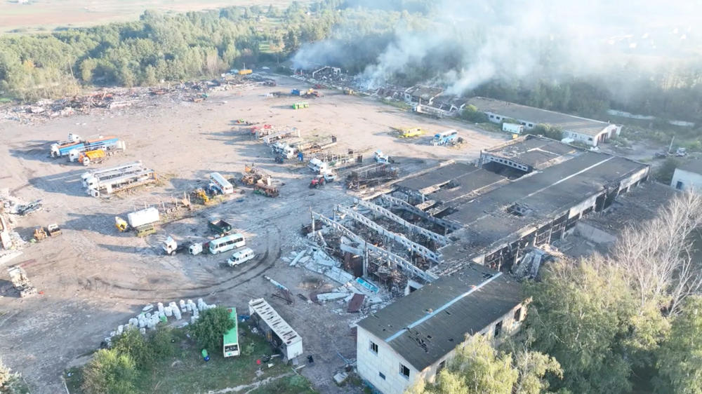 Drone footage shows destroyed buildings and damaged vehicles in Balakliia in this screengrab obtained from a social media video released Sept 8.