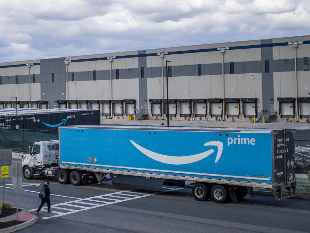 A truck arrives at the Amazon warehouse in Staten Island, N.Y., which became the company's first unionized U.S. facility in the spring.