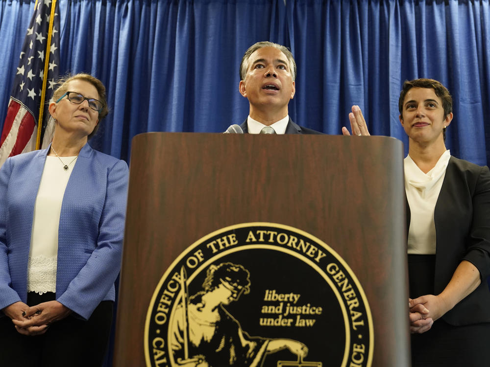 California Attorney General Rob Bonta announces a lawsuit against Amazon in San Francisco on Wednesday.