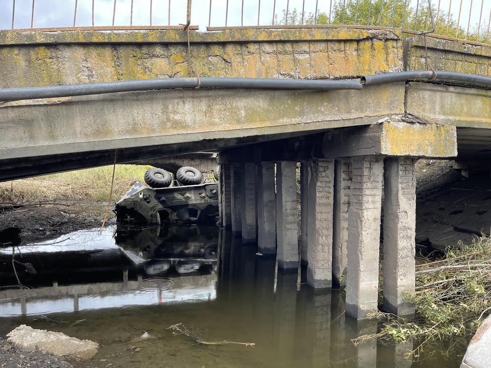 A destroyed Russian military vehicle by the side of the road in Balakliia on Tuesday.